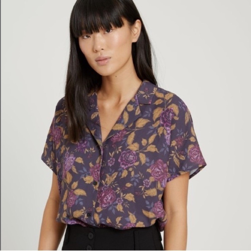 Frank & Oak Purple Floral Camp Collar Short Sleeve Button Up Shirt Size Small